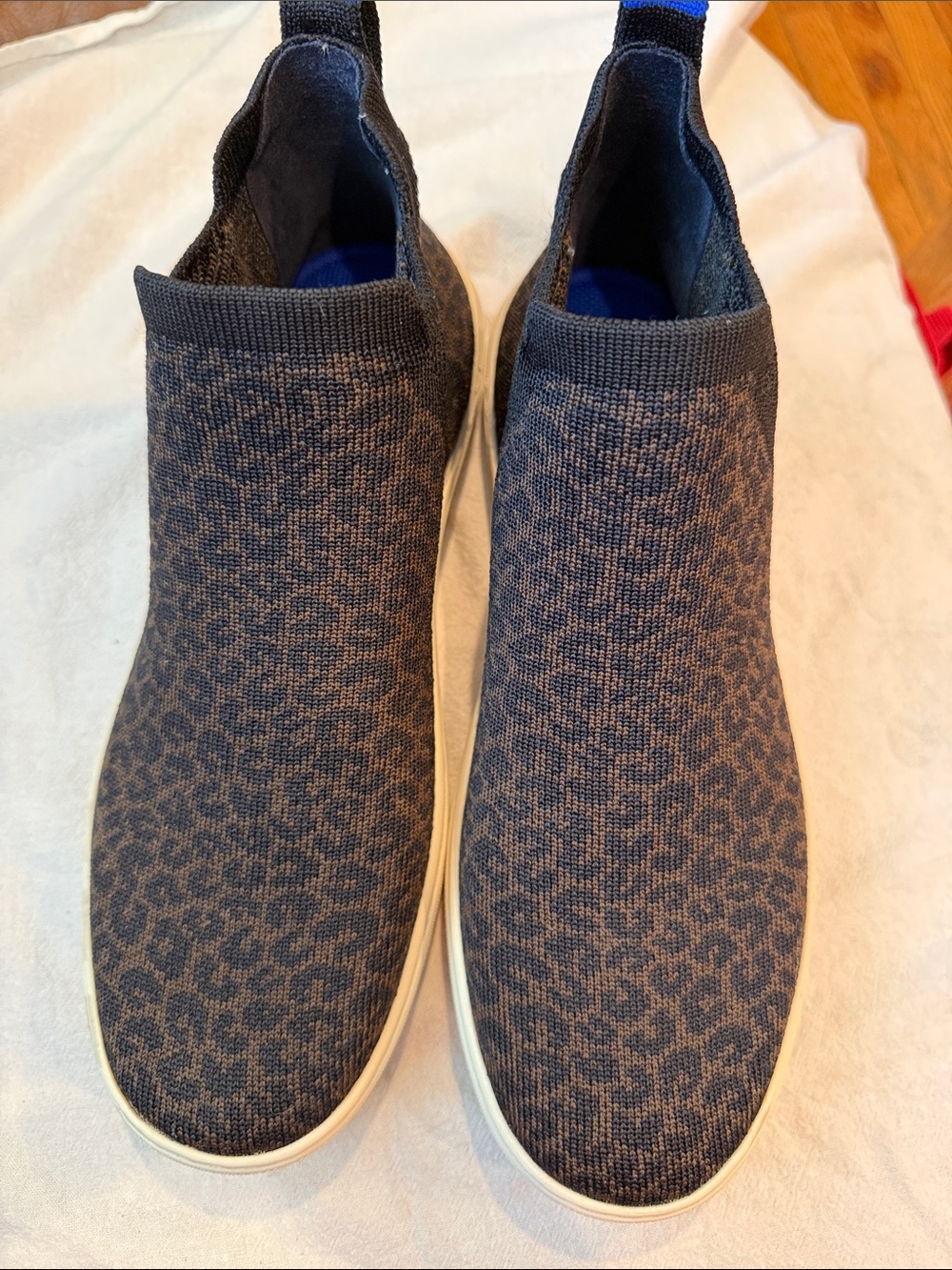 Rothy's Slip-On Knit Sneakers in Black and Brown Leopard Print